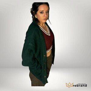 YUMMY -Vintage 90s Structure Wool Cardigan – Forest Green Button Up Knit Sweater